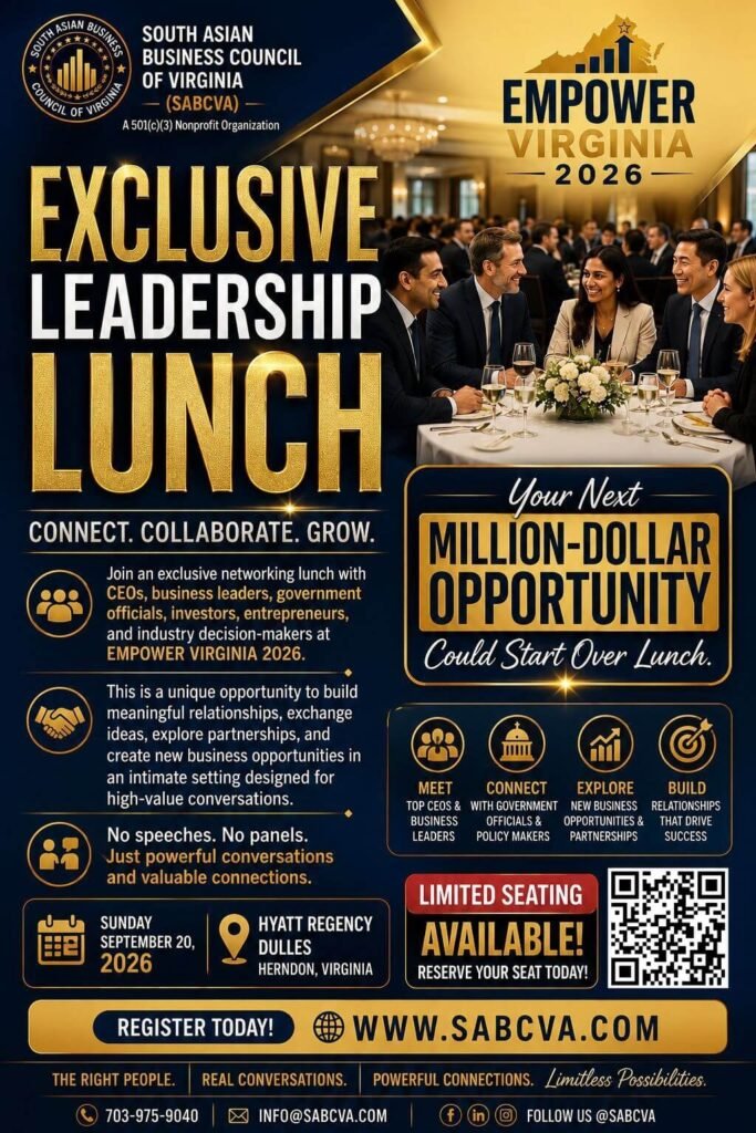 Exclusive Leadership Lunch flyer for Empower Virginia 2026 hosted by South Asian Business Council of Virginia at Hyatt Regency Dulles
