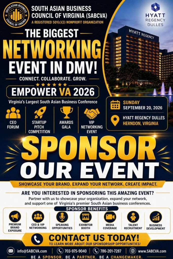 Sponsor Our Event flyer for Empower VA 2026 South Asian Business Conference at Hyatt Regency Dulles